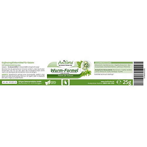 AniForte Wurm-Formel 25 g natürliche Einmalgabe für Katzen, Natur Pur, 100% Naturprodukt, Bei und Nach Wurmbefall, rein natürlich und außerordentlich schonend für die Tiere, Magen & Darm - 3
