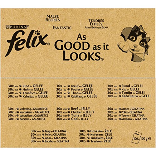 FELIX Katzennassfutter So gut wie es aussieht in Gelee mit Rind, Huhn, Kabeljau und Thunfisch, Jumbo-Pack 120x100g Portionsbeutel - 5