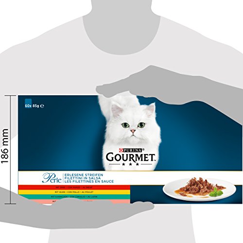 Purina GOURMET Perle Erlesene Streifen: Katzennassfutter mit Huhn, Rind, Lachs & Kaninchen, hochwertiges Katzenfutter, 60er Multipack (60 x 85 g Portionsbeutel) - 3