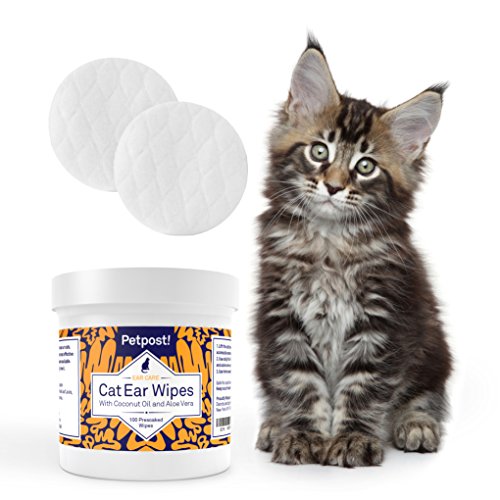 Petpost Ohrenreiniger für Katzen - 100 Ultra-Weiche Wattetücher getränkt in Kokosnussöl - Pflege bei Ohrmilben & Ohrinfektionen - 2
