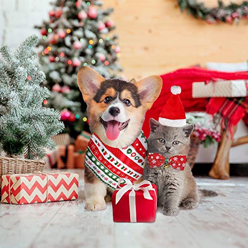 MELLIEX 3 Stück Weihnachten Katzenkostüm Hundekostüm mit Weihnachtsmütze Fliege Halsband Halstuch, Hunde Katzen Kostüm Zubehör Set - 4