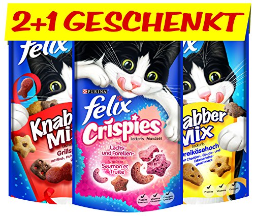 FELIX Leckerlis: 2 KnabberMix und 1 Crispies (gratis), vitaminreich, Menge: 6er Pack 6*(2*60g+1*45g gratis) - 2