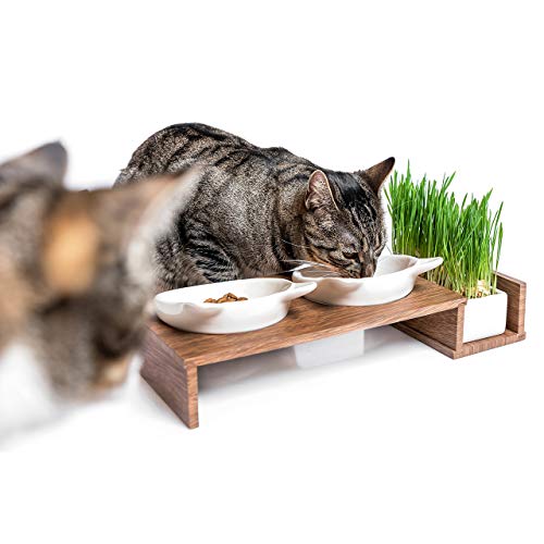 CanadianCat Company ® | Futterbar Cat Diner für Katzen mit dritter Schale für z.B. Katzengras o. Trockenfutter im Holzoptikständer Napf, Fressnapf, Futterschale - 5