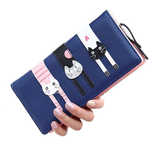 DNFC Geldbörse Damen Portemonnaie Lang Portmonee mit Vielen Kartenfächern Reißverschluss und Druckknopf Geldbeutel Katze Geldtasche Groß für Frauen Neu Design (Blau) - 6