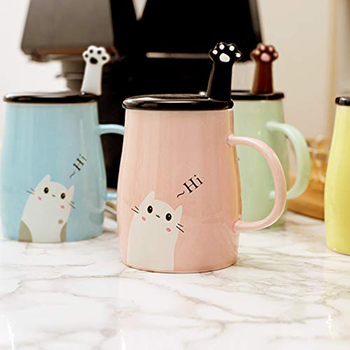 Binoster Niedliche Katzen-Tasse Keramische Kaffeetasse mit Kitty Edelstahllöffel, Hi ~ Neuheit-Kaffeetasse Geschenk für Katzenliebhaber Rosa - 2