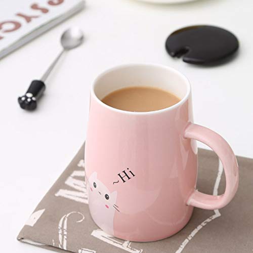 Binoster Niedliche Katzen-Tasse Keramische Kaffeetasse mit Kitty Edelstahllöffel, Hi ~ Neuheit-Kaffeetasse Geschenk für Katzenliebhaber Rosa - 3