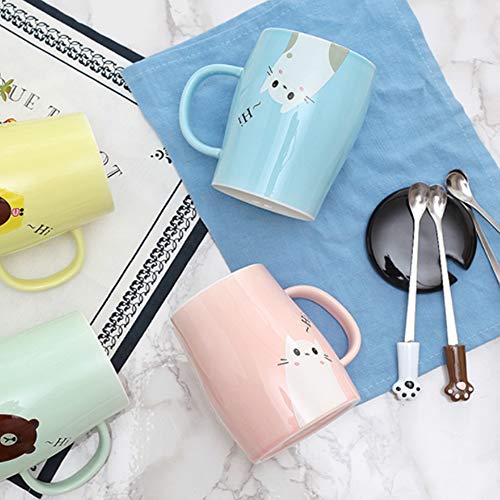 Binoster Niedliche Katzen-Tasse Keramische Kaffeetasse mit Kitty Edelstahllöffel, Hi ~ Neuheit-Kaffeetasse Geschenk für Katzenliebhaber Rosa - 4
